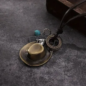 Western Cowboy Hat Horse Head Pendant Necklace Vintage Brown Leather Cord Synthetic Turquoise Jewelry For Men Women Gift