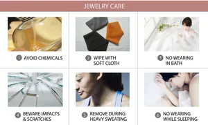Jewelry care guide showing 6 steps to maintain the wood bead and alloy bracelet set