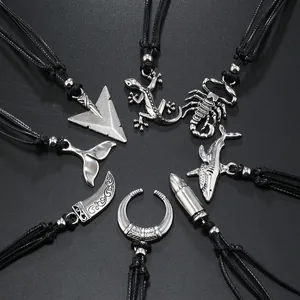Vintage Punk Alloy Animal Pendant Necklace Men Women Bullet Shark Horn Scorpion Arrow Gecko Fish Tail Cord Jewelry Gift