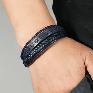 Bracelet multicouche en cuir pour homme style punk rétro avec motif étoile et aimant