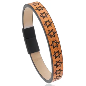 Detail of hexagram embossed leather bracelet with black magnetic clasp closure
