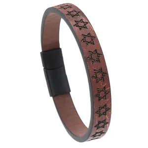 Brown leather bracelet with hexagram star embossing and black magnetic clasp