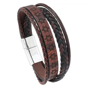 Bracelet multicouche en cuir punk rétro avec motif étoile et fermoir magnétique