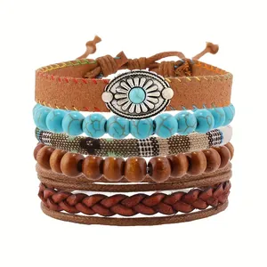 Boho Lederarmband-Set mit Türkis-Sonnenblume und Holzperlen im mehrlagigen Design