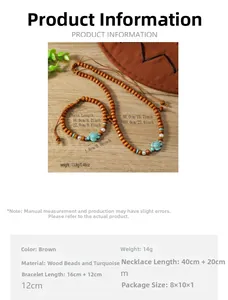 Detail view of wood bead necklace and bracelet set with turquoise turtle pendant and specs
