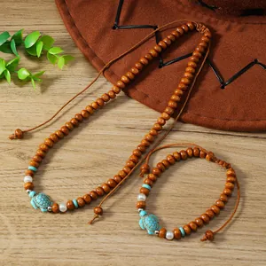 Bohemian Men Surfing Wood Bead Turquoise Turtle Necklace And Bracelet Set Handmade Ethnic Beaded Jewelry For Beach Vacation