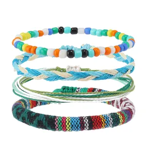 4-piece bohemian friendship bracelet set featuring colorful beads and woven cotton cords