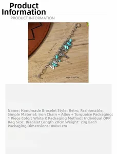 Detail view of retro western cowboy style turquoise bracelet with feathers and bull charms