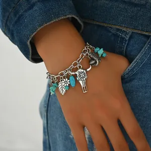 Vintage Western Cowboy Turquoise Bull Head Charm Bracelet For Women Bohemian Alloy Feather Leaf Cowboy Boot Pendant Toggle Clasp Jewelry