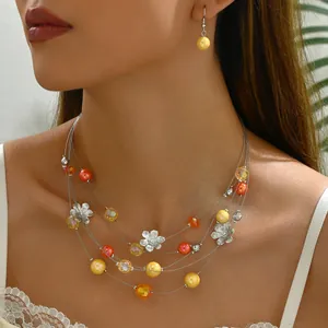 Multi Layer Flower Jewelry Set Alloy Floral Pendant Necklace With Matching Bead Hook Earrings For Women Beach Accessories