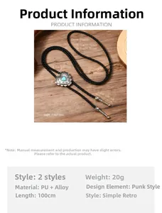 Details von Western Bolo Tie mit Türkis-Herzanhänger an schwarzer PU-Lederkordel