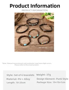 Dettaglio del set di 6 bracciali da uomo in pelle con turchese e perle di legno