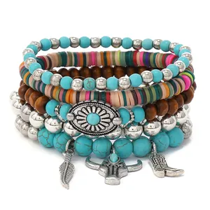 5-piece bohemian set with bull skull, cowboy boot charms, wood beads, and turquoise stones