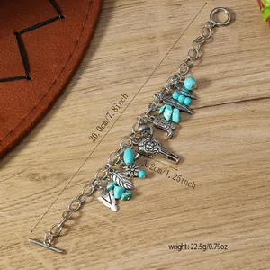 Bohemian Western Cowboy charm bracelet with turquoise beads and silver bull head charms