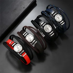 Men Multi-layer Leather Bracelet Braided Cord Yin Yang Tai Chi Dragon Pattern Vintage Punk Jewelry Magnetic Buckle Hand Strap Gift