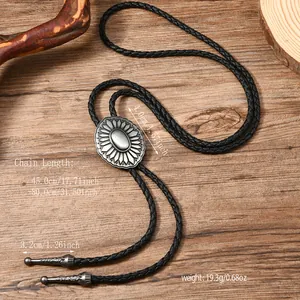 Detail of sunflower bolo tie with dimensions, silver buckle and black leather cord