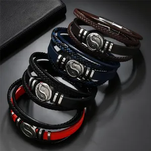 Men's multi-layer leather bracelets with yin yang dragon magnetic clasp in 4 colors