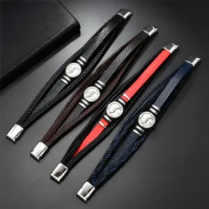 Detailed view of multilayer leather bracelets with Yin Yang dragon magnetic clasp