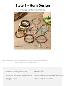Detailed view of bohemian wood bead bracelet set featuring horn charms and natural textures