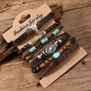 Set di 6 bracciali in pelle stile cowboy con testa di toro e perline turchesi da uomo