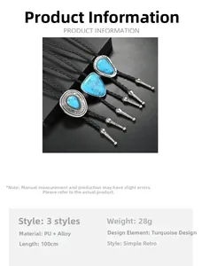 Detailed specs of western bolo ties featuring turquoise stones and black braided PU leather