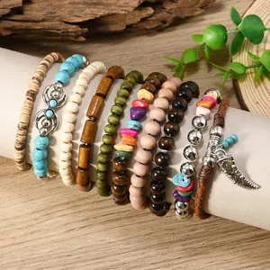 Bohemian multilayer bracelet set featuring coconut shell beads and turquoise stones