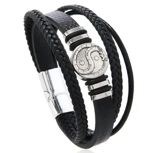Multi-layer black leather bracelet for men featuring a Tai Chi Yin Yang dragon magnetic clasp