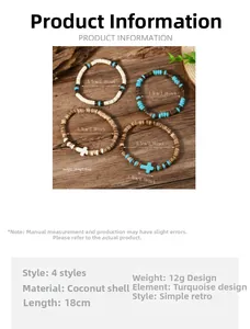 Tabella taglie dettagliata per set di bracciali in cocco e turchese con dimensioni