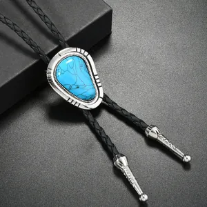 Western cowboy Bolo tie with turquoise gemstone on black braided leather cord