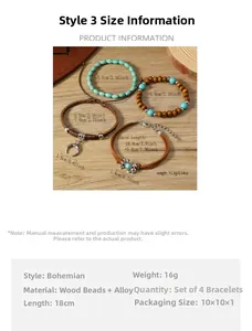 Detalle del set de 4 pulseras bohemias con cuentas turquesas y colgante de luna en madera