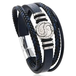 Detail of multi-layer braided leather bracelet with dragon relief magnetic steel clasp
