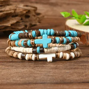 Set di 4 bracciali bohémien con perline di turchese, cocco e croce per uomo e donna