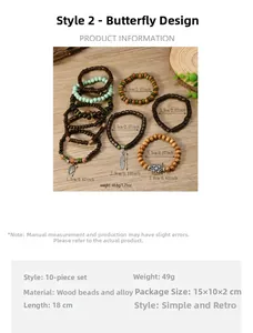 Detail of 10-piece bohemian wood bead bracelets with butterfly and leaf charms
