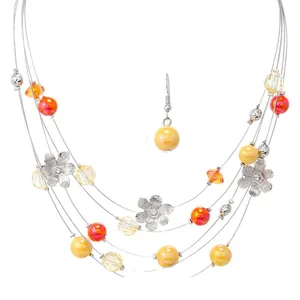 Colorful multi-layer wire flower necklace and earring jewelry set with vibrant beads