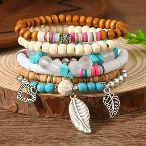 Boho Mehrlagiges Armband-Set mit bunten Heishi-Perlen und Holzperlen für Damen