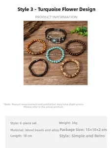 Detail view of 6-piece bohemian set with wood beads and turquoise charms in leather