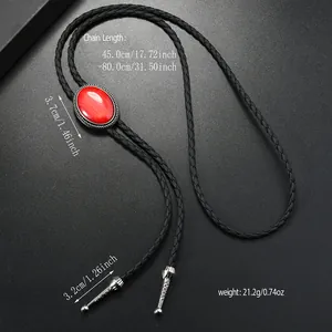 Cravate Bolo Western avec pendentif en pierre rouge et cordon en cuir tressé noir