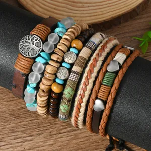 Bohemian multilayer leather and wood bead bracelet set with turquoise tree of life charm