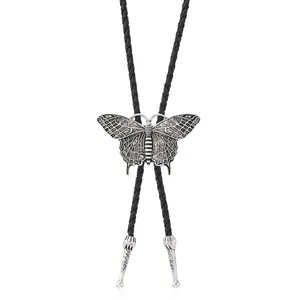 Vintage-Western-Bolo-Tie mit silbernem Schmetterlingsschieber und schwarzem Lederband