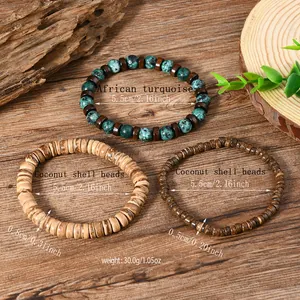 Vintage kralen armbanden set voor heren met Afrikaanse turquoise en kokosnoot kralen