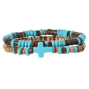 Set di bracciali elastici con perline di turchese e guscio di cocco con croce stile bohémien