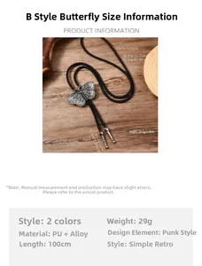 Detailansicht der Vintage Schmetterling Bolo Tie mit Maßen und geflochtener Kordel
