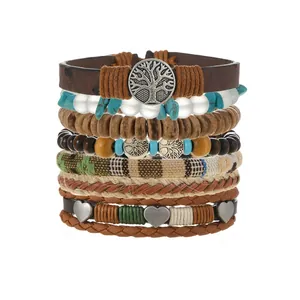 Handmade 7-piece bohemian stackable leather and wood bead bracelets with tree of life charms