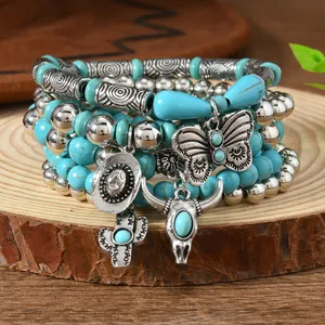 Bohemian Multilayer Beaded Bracelet Set Alloy Turquoise Wood Beads Artificial Pearl Vintage Pendant Ethnic Jewelry For Women