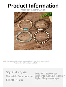 Dettaglio bracciali in guscio di cocco con accenti turchesi e info sulla taglia 18cm