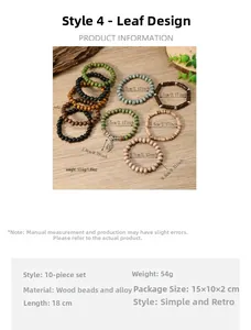 Detail view of 10-piece bohemian wooden bead bracelet set with alloy leaf pendant