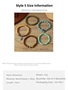 Tabla de tallas detallada para el conjunto de pulseras bohemias de madera y turquesa