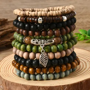 Bohemian multi-layer wooden bead bracelet set with silver leaf charm on wood base