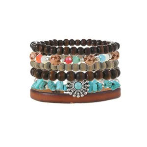 Mehrlagiges Boho-Armband-Set mit Türkissteinen und Sonnenblumen-Metallanhänger
