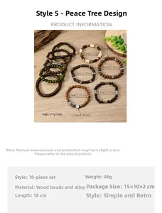 Detail of 10-piece bohemian wooden bead bracelets showing 5.5cm inner diameter size